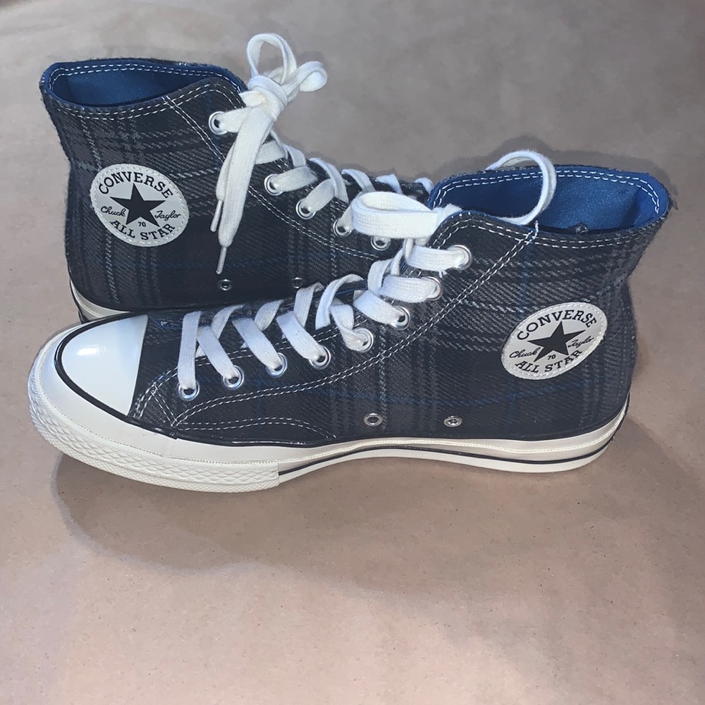 Blue and Black Plaid High-Top Converse